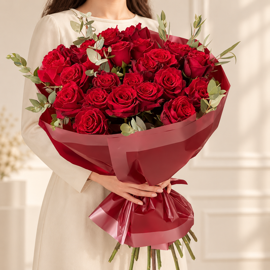Alternate view of Red Rose Bouquet with Eucalyptus