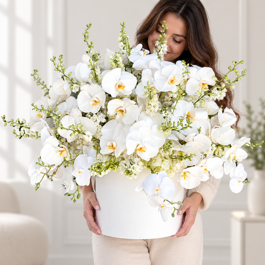 Celestial White – Luxury White Orchid Arrangement