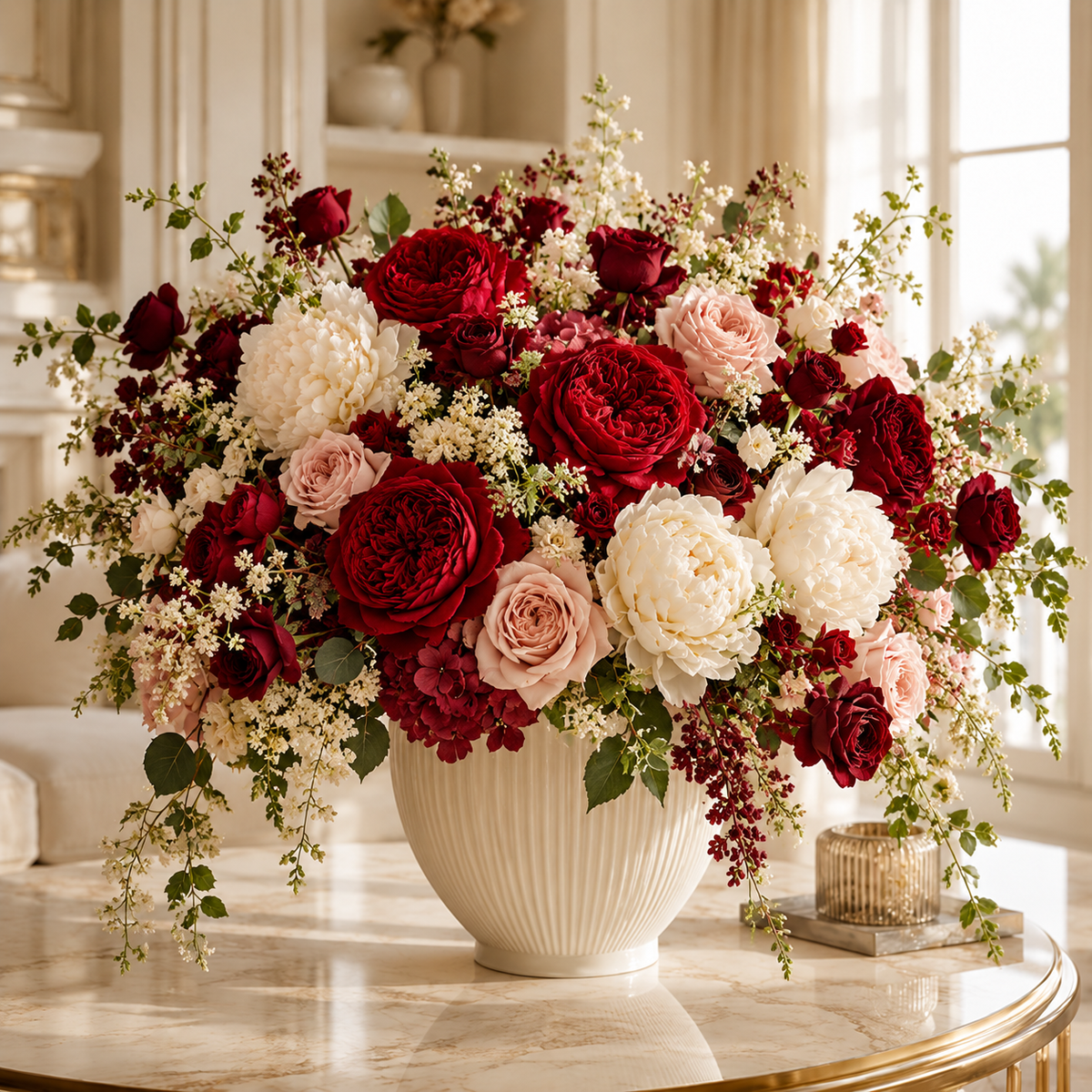 Romantic arrangement of red roses and blush flowers in a sunlit interior