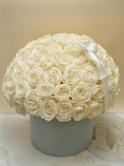 Premium White Roses Hat Box luxury flower arrangement