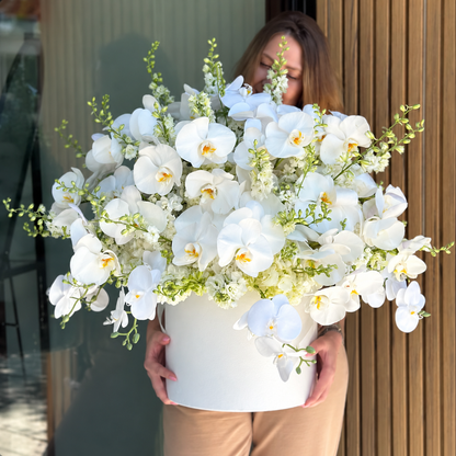 Celestial White – Luxury White Orchid Arrangement