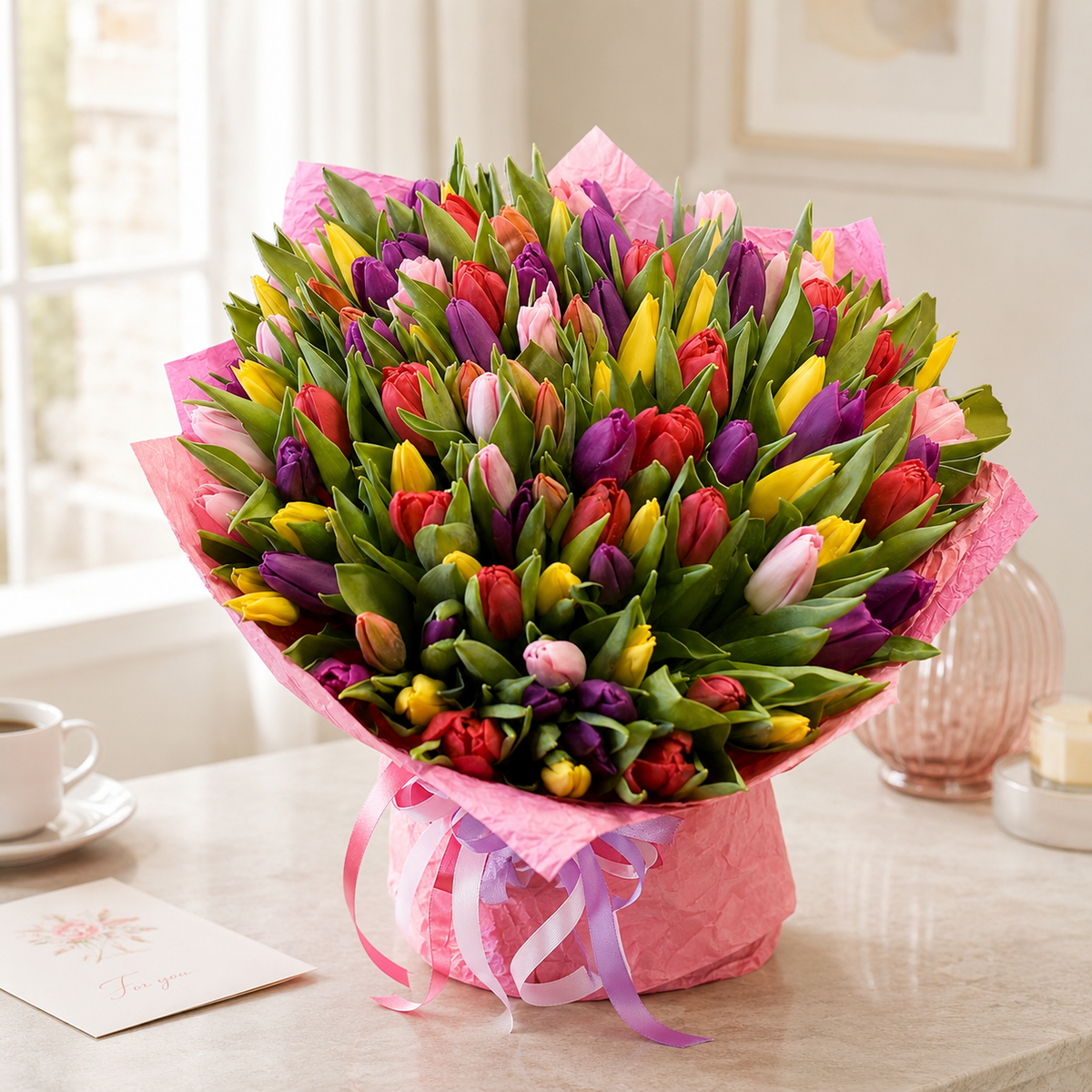 Alternate view of Elegant Bouquet with 100 Fresh Tulips